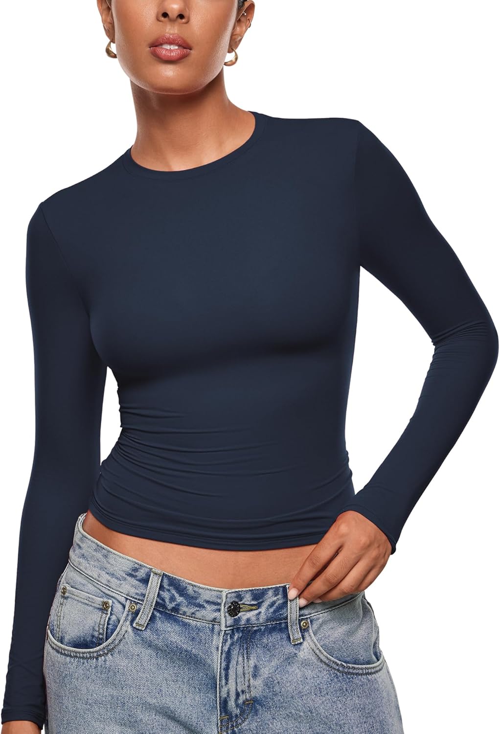 INLYRIC Women's Inbarely Ultra Long Sleeve Shirts Crew Neck Double Lined Slim Fitted Going Out Tops Basic Tees