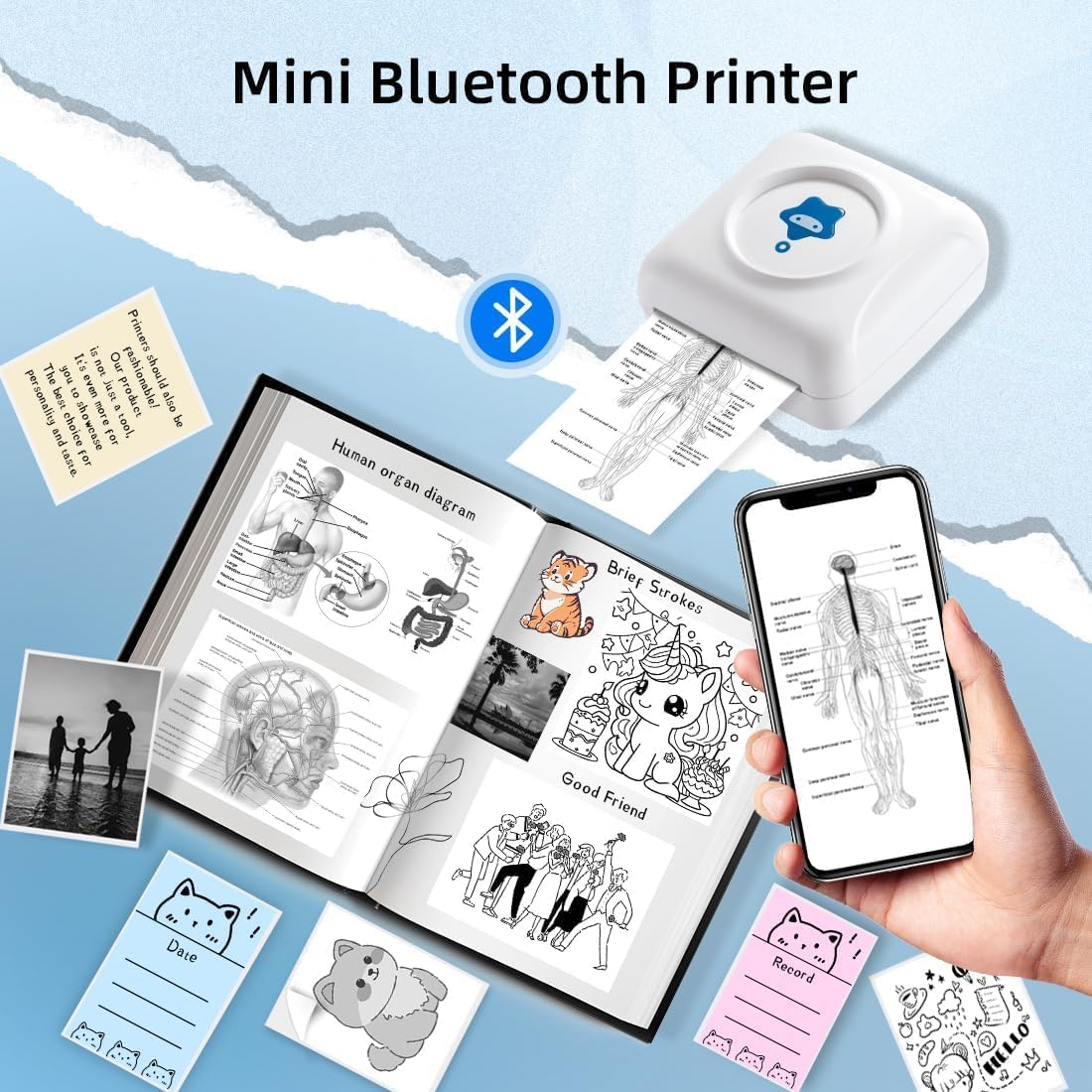 vretti Mini drukarka termiczna TP2-Y, drukarka fotograficzna Bluetooth, kompatybilna z systemami Android i iOS, samoprzylepna drukarka do telefonów, do pracy, listy, notatek, czasopism, zdjęć