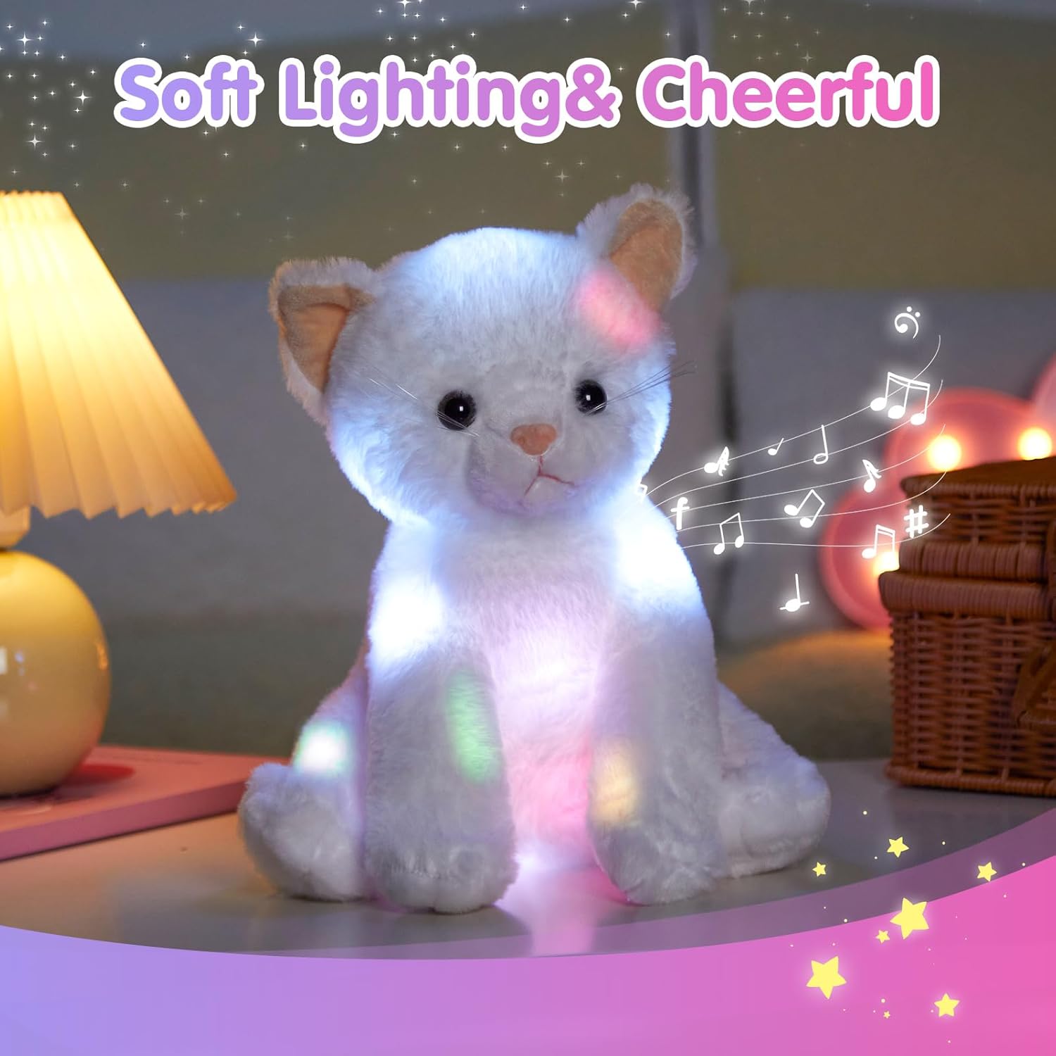 Houwsbaby 12'' White Musical Light Up Cat Stuffed Animal Kitty Plush Toy Singing LED Glowing Cat Plush Toy Christmas Festival Birthday Presents for Kids Girls Boys - Image 3