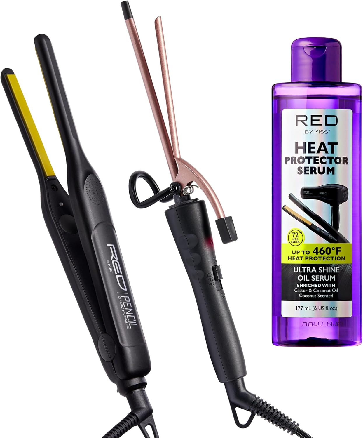 RED by KISS 3 Pcs Styling Essentials Set, 0.3” Ceramic Tourmaline Pencil Flat Iron, ¼” Extra Small Curling Iron, Heat Protectant Serum, for Edge Control, Tight Curls, Anti-Frizz, Damage Protection