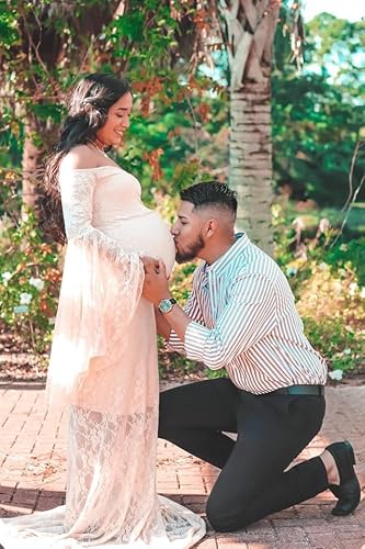 Saslax Off Shoulder Sweetheart Neckline Lace Maternity Dress For Photoshoot Slim Fitted Maxi Maternity Props Dresses For Photography Baby Shower Champagne Small #TOP4