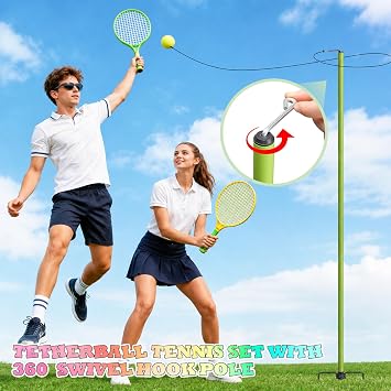 Portable Tetherball Set for Kids, 3-in-1 Tennis, Badminton & Tetherball Game, Height Adjustable Pole with Ground Socket, Outdoor Garden Lawn Sport Equipment for Adults Family