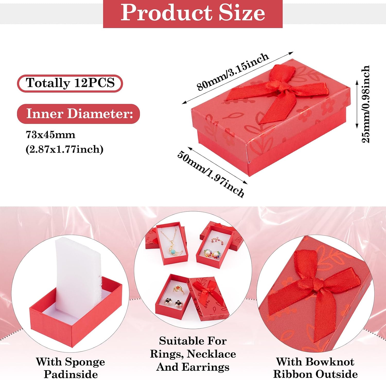 Boutigem 12 Pack Red Jewelry Gift Boxes with Lids, 3.15 x 1.97 x 0.98 Inch Cardboard Jewelry Packaging Boxes with Sponge Inside, Cute Flower Pattern Small Rectangle Gift Cases for Festival Wedding image 3