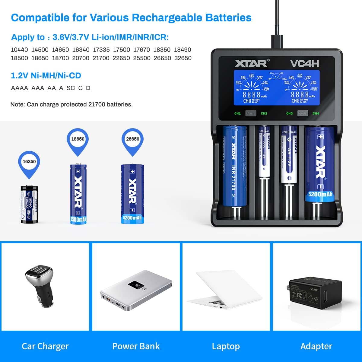 XTAR VC4H 4-Bay 21700 & AA/AAA Battery Charger - USB-C & QC 3.0 Adapter