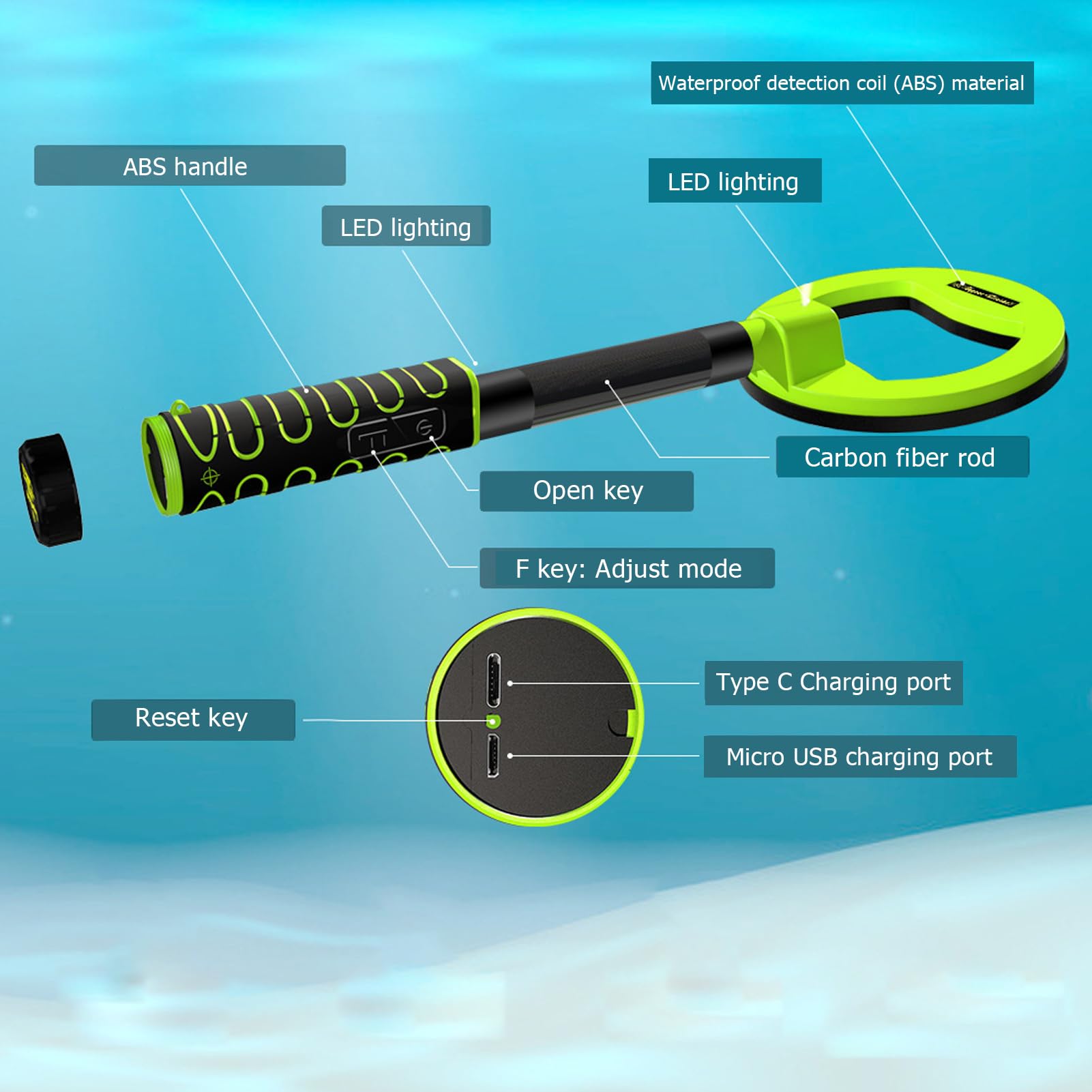 Metal Detector Portatile Ricaricabile, Rilevatore di Caccia Al Tesoro Subacqueo, IP68 Impermeabile, con Allarmi Acustici e Vibranti, per Immersioni (verde)