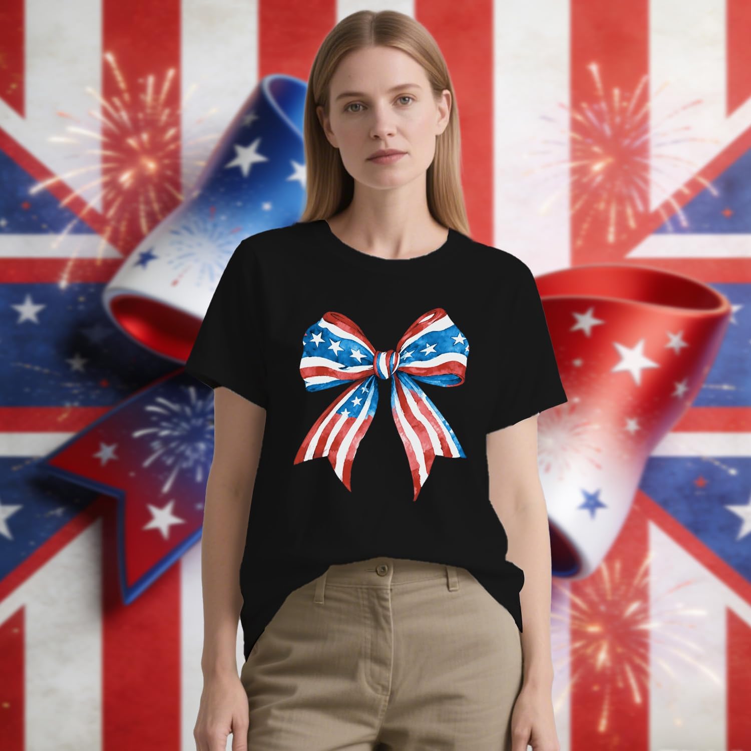 Womens American Flag Shirt USA Bow Flag Patriotic Print T-Shirt 4th of July Crewneck Tee Tops - Image 2