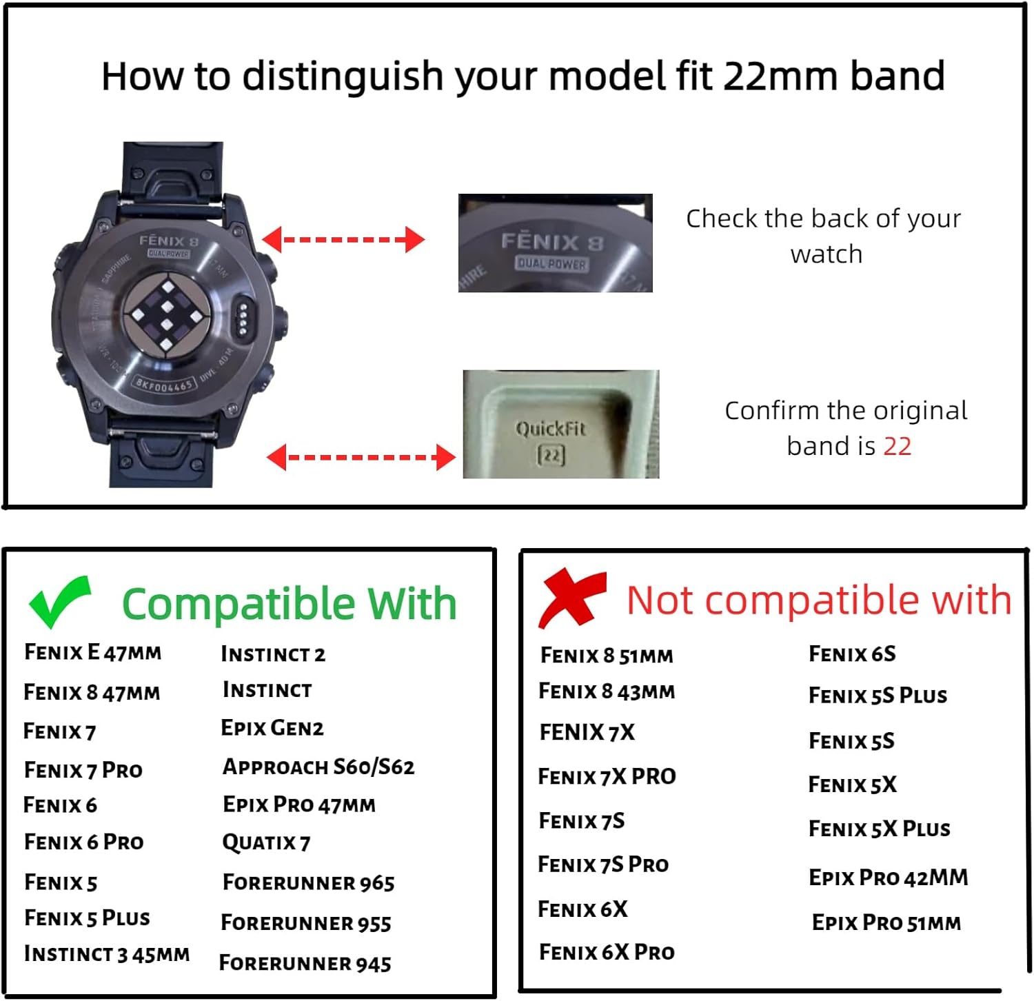 Quickfit Silicone Watch Band Compatible with Garmin fenix 8 47mm/Fenix 7/Fenix 6/Fenix 5, 22mm wristband straps for Garmin Fenix E 47mm/Fenix 5 plus/Fenix 6 Pro/Fenix 7 Pro - Image 2