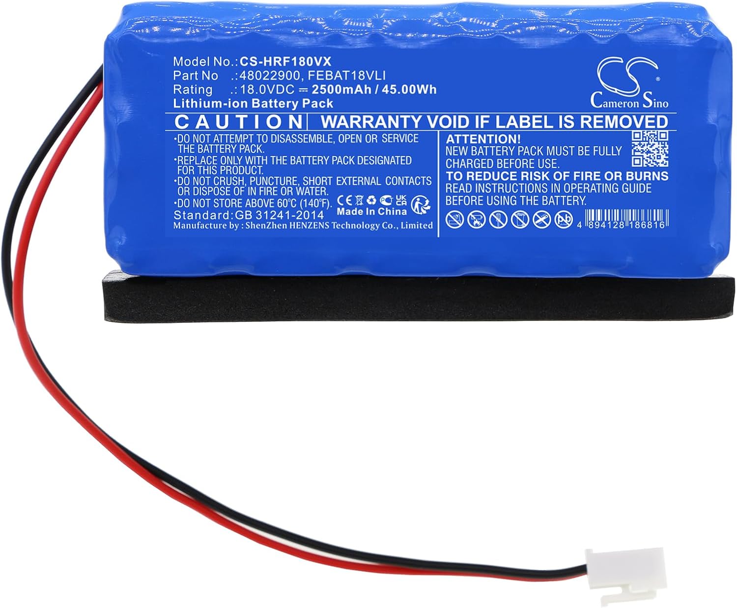 Cameron Sino Battery for Hoover FE18ALi, FE18ALI 011 PN:Hoover 48022900, FEBAT18VLI 2500mAh / 45.00Wh