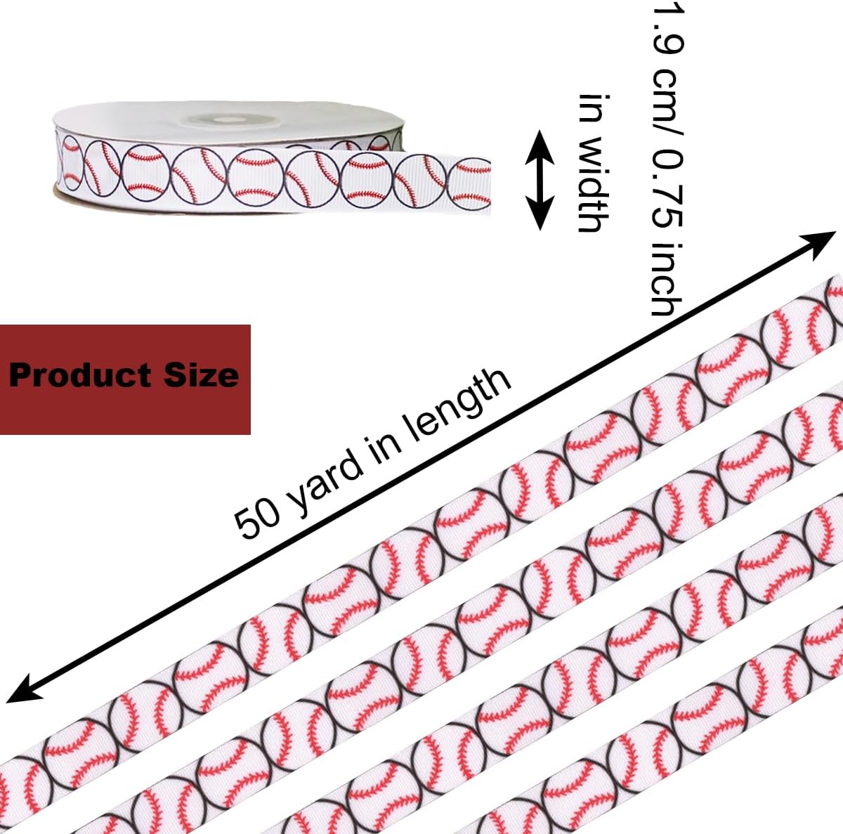 50 Yards Sports Baseball Ribbon, Red and White Striped, Grosgrain Fabric, Perfect for DIY Gift Wrap, Wedding Themed Party, Craft Decoration