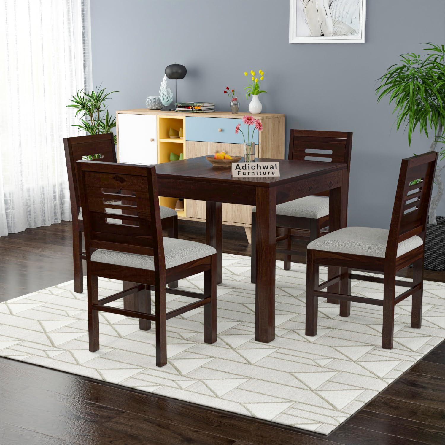 Adichwal Furniture Solid Sheesham Wood 4 Seater Dining Table Set with Cushioned Chairs for Dining Room | Living Room | Home & Office | Hotels Restaurant & Cafe (4 Seater, Walnut)
