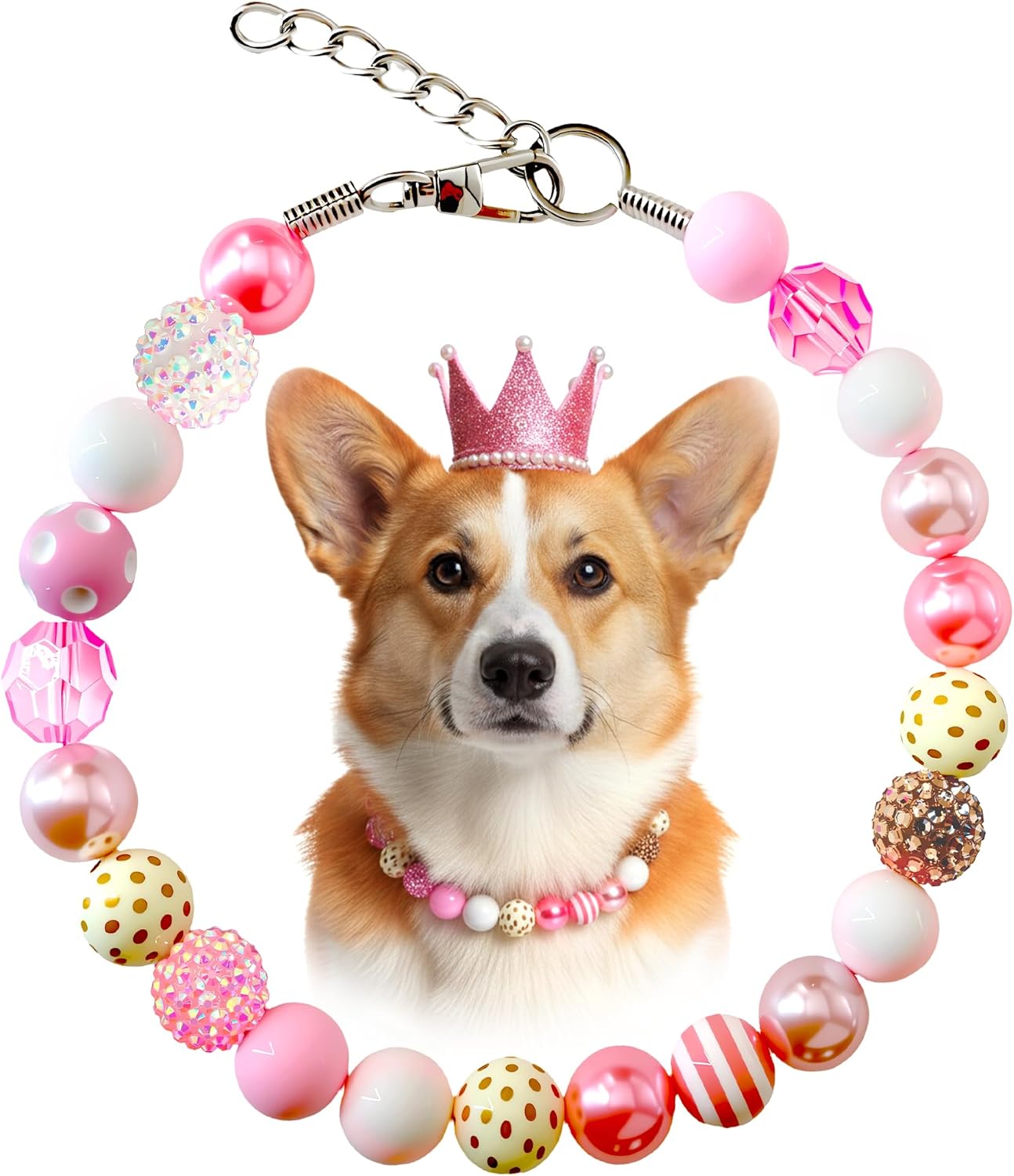 KUDES Valentine's Day Dog Collar - 20mm Chunky Bubblegum Pink Beads & Pearl Adjustable Necklace for Medium & Large Breeds, Strong Yet for Dog Moms (Pink, 2XL(20.5"-22.0"))