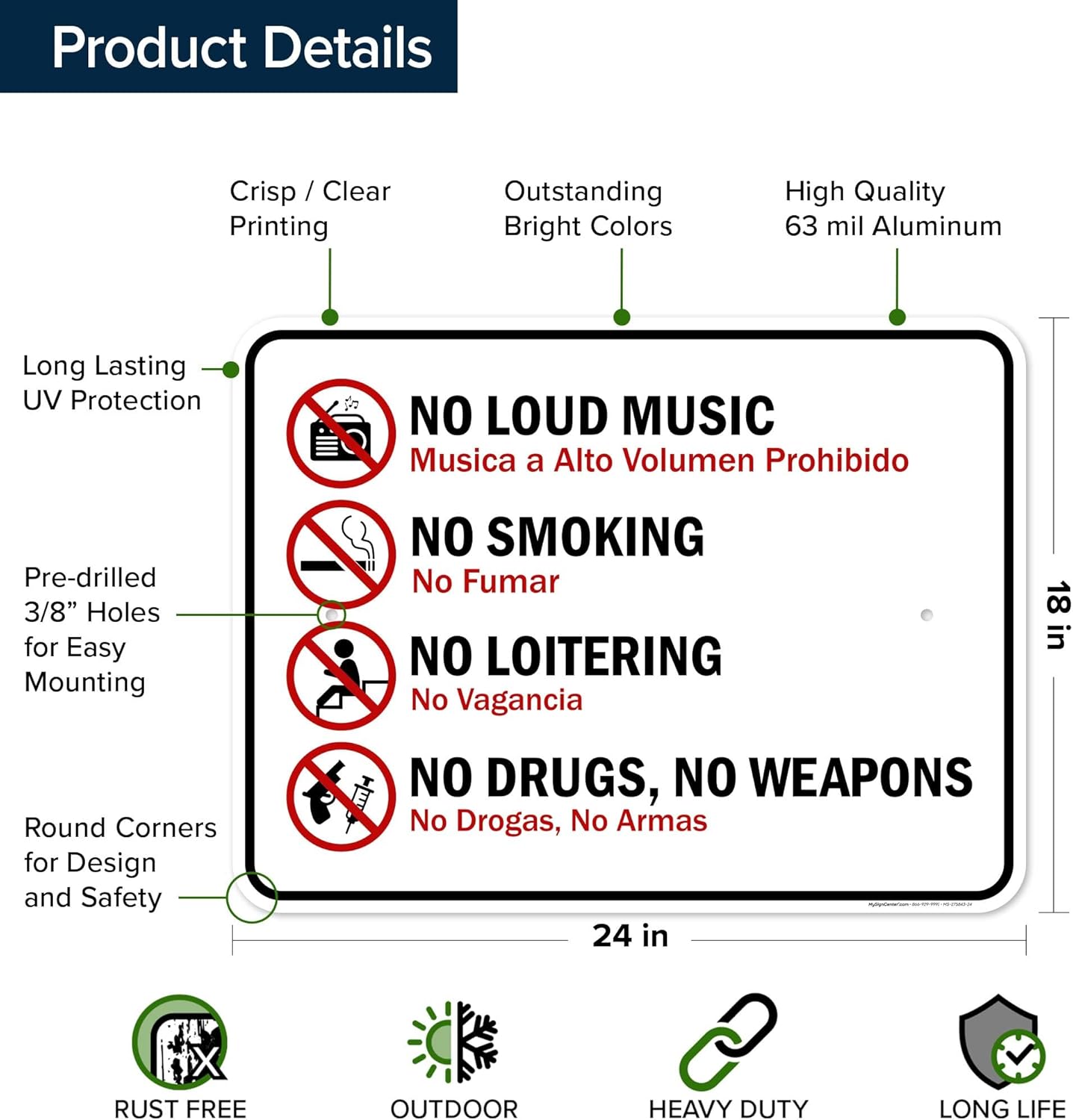 No Loud Music No Smoking Bilingual Sign, 18x24 Inches, Rust Free .063 Aluminum, Fade Resistant, Made in USA by My Sign Center