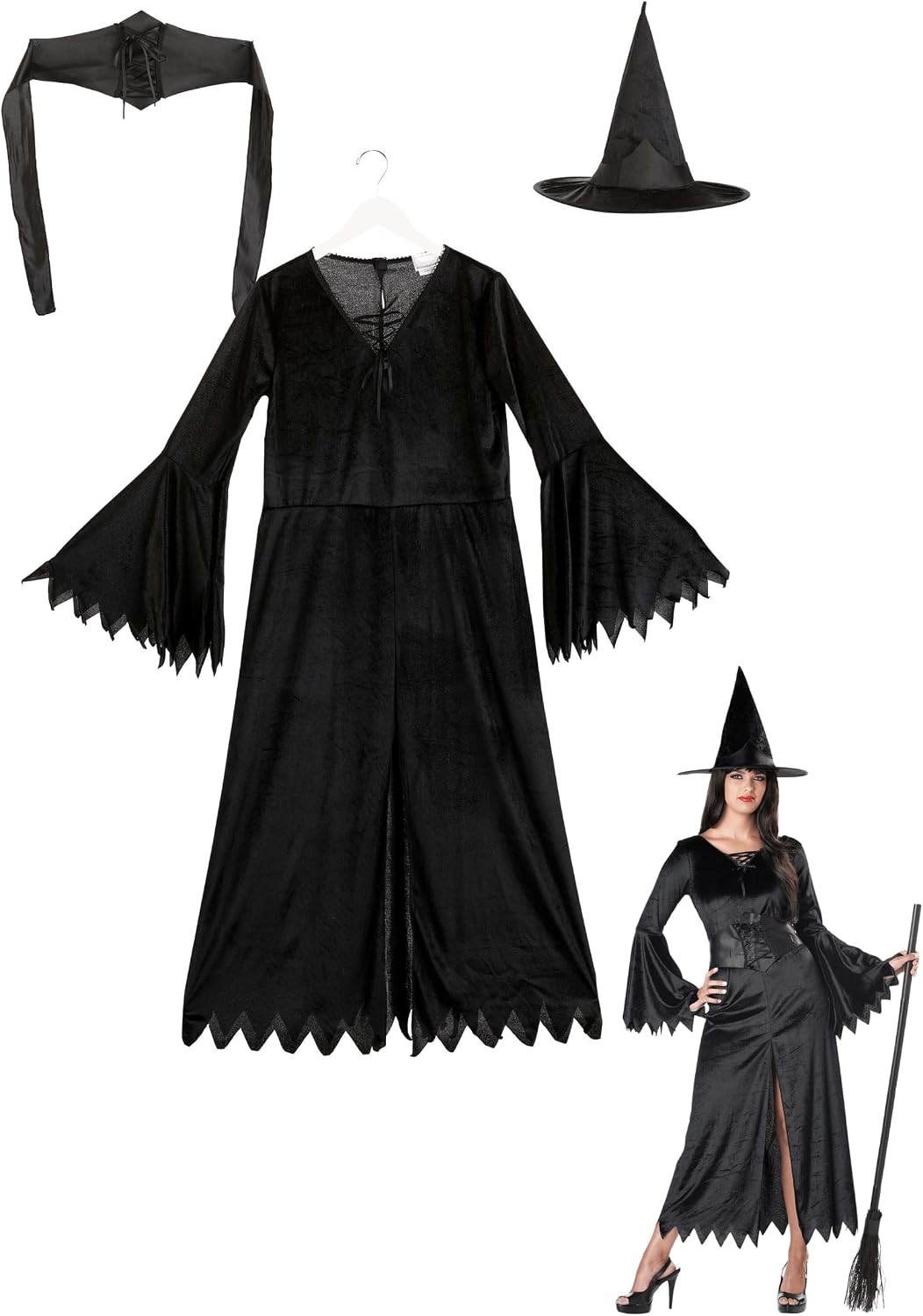 Adult Wicked Witch Costume, Classic Velvet Dress, Jagged Bell Sleeves and Lace Details