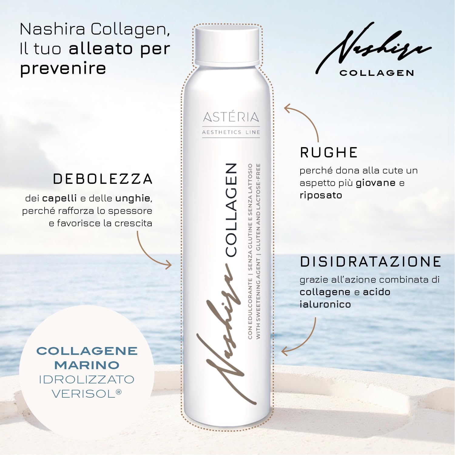 Nashira® Collagene Marino Liquido VERISOL® Doppia Concentrazione 5000mg | 10 Fialoidi da 25ml Bevibili | Con Acido Ialuronico, Vitamina C, Biotina | Formula Premium Biodiversa | Pelle, Capelli, Unghie