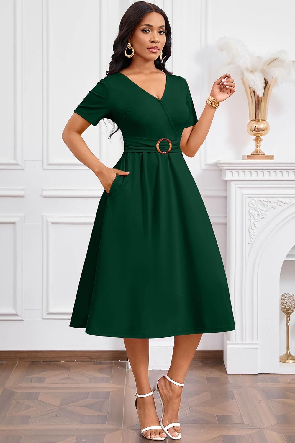 Nmoder Elegant Wrap Dresses for Women, Casual A-Line V Neck Short Sleeve Midi Dresses with Pockets & Belt Buckle - Image 6