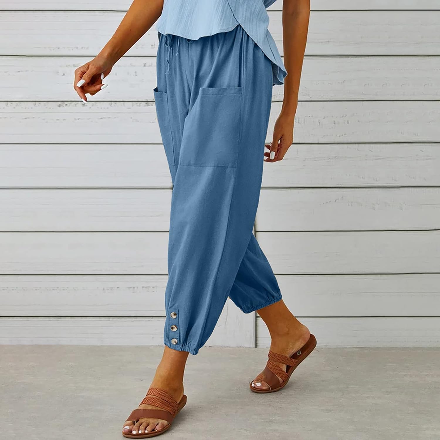 Womens Casual Linen Pants Summer Drawstring Elastic Loose Capri Trousers High Waisted Wide Leg Baggy Slacks - Image 5