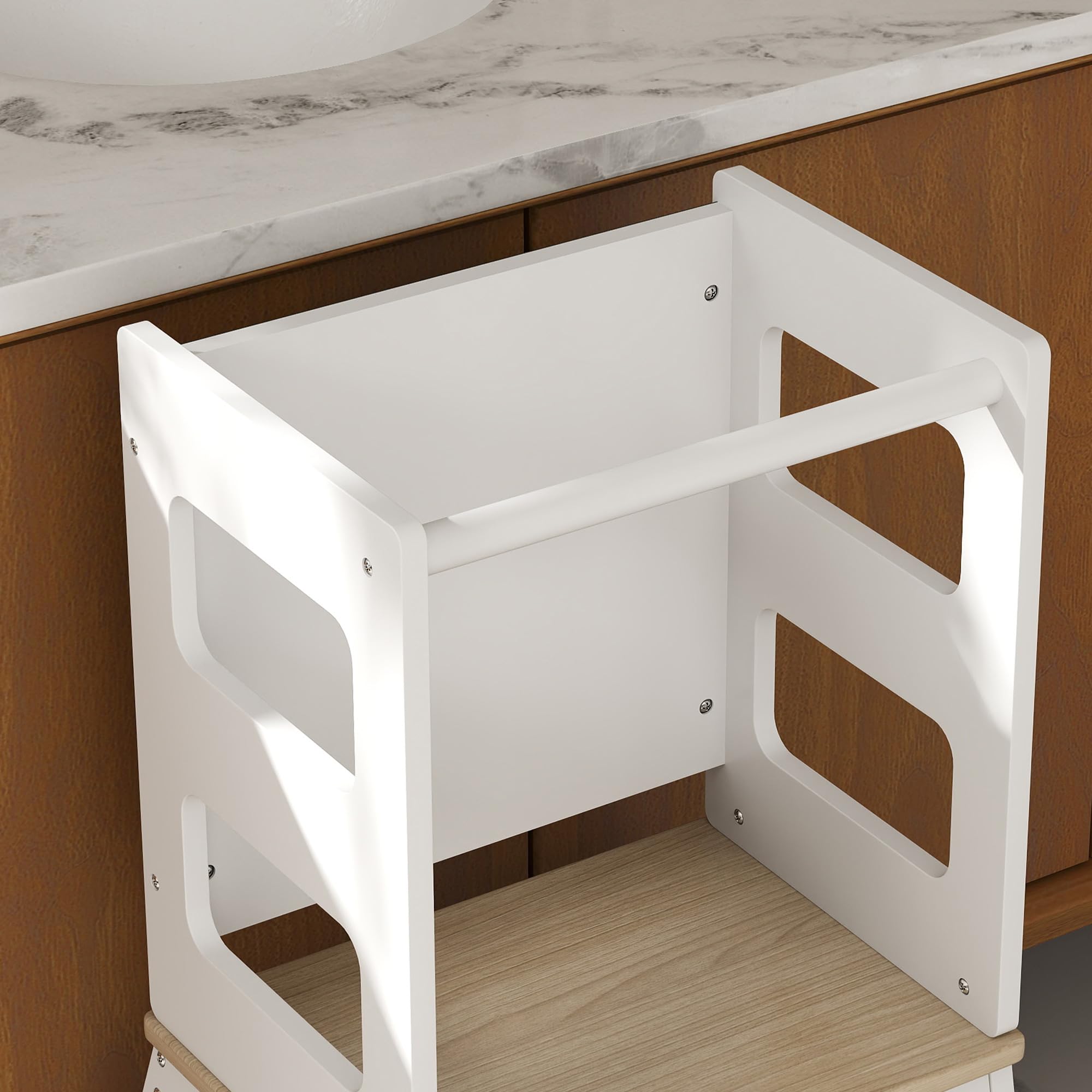 AIYAPLAY Torre de Aprendizaje 2 en 1 Taburete de Aprendizaje para Niños de 3-6 Años con Pizarra y Barrera de Seguridad para Baño Cocina 55x52,5x87,5 cm Blanco