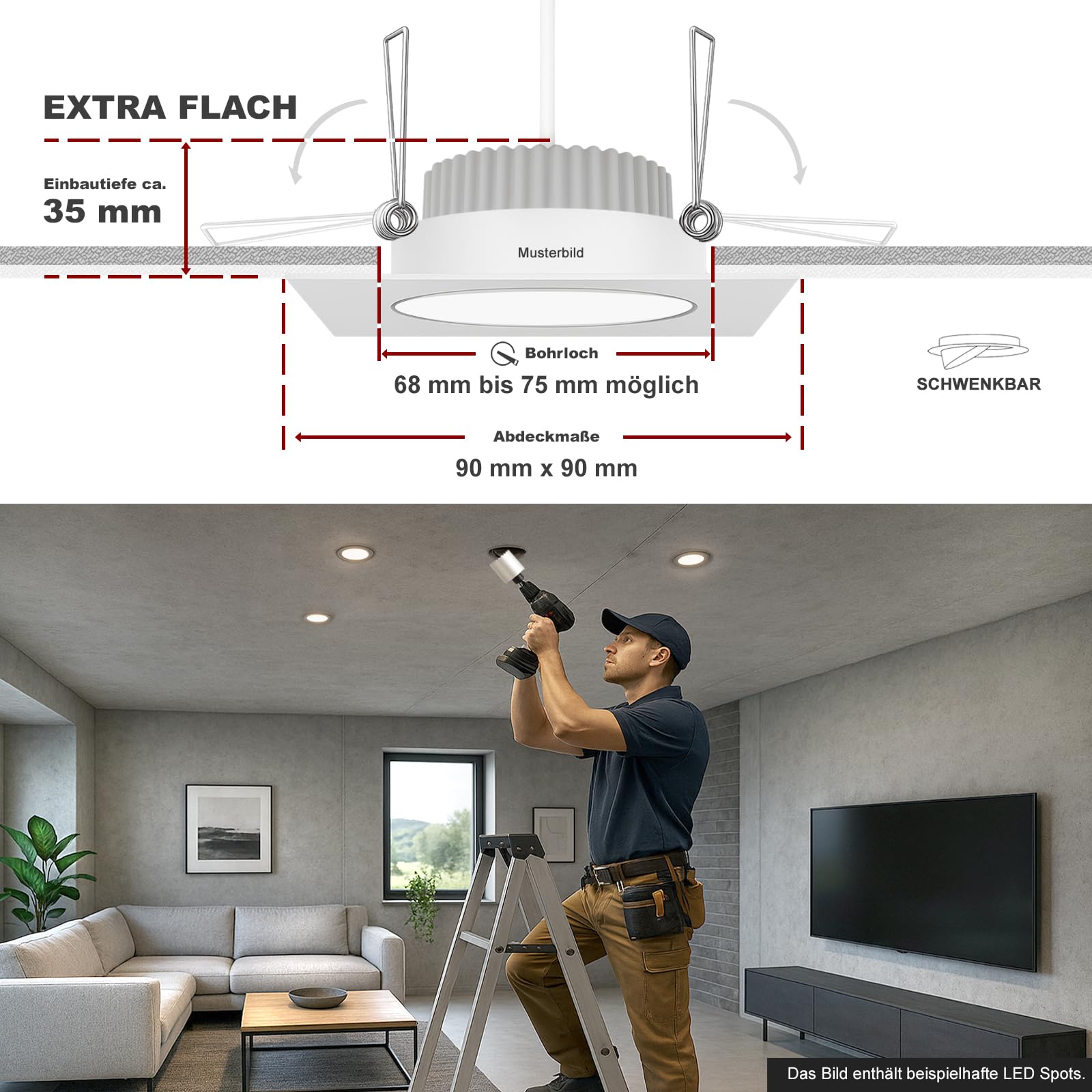 trendlights24 Bianco LED Einbaustrahler dimmbar flach 230V Weiß 5W 5er Set | extra flach, Einbautiefe 35 mm, Spots, Neutralweiß, 4000k, austauschbar, Decken Einbauleuchte, Weiß matt, eckig, schwenkbar