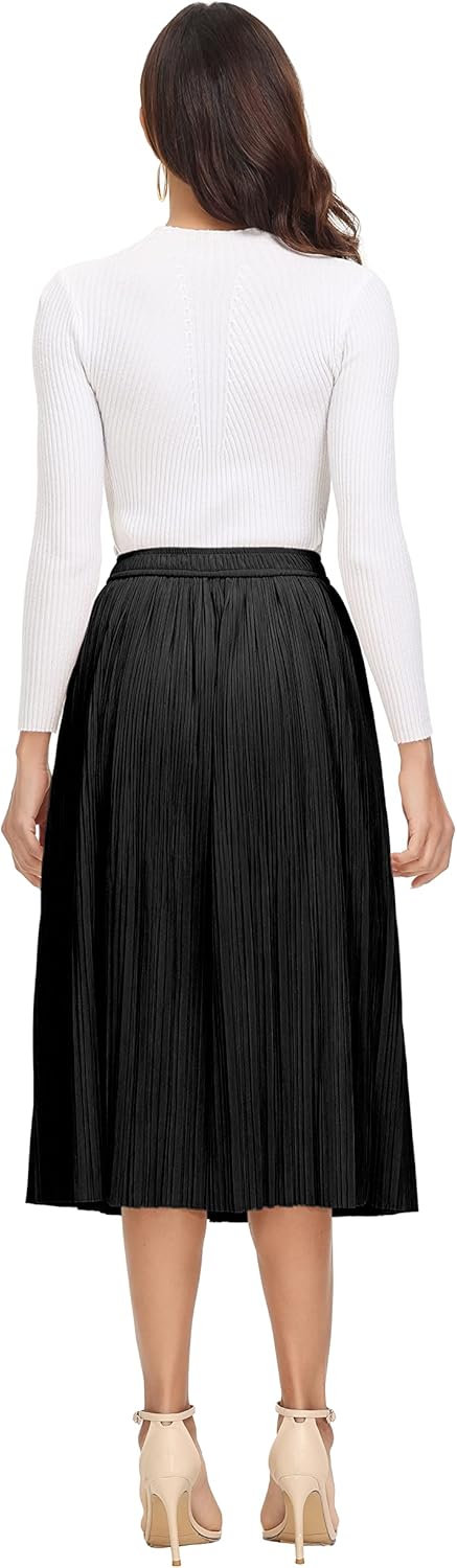 Womens Casual Skirt Elastic High Waist A-line Fairy Skirt Flowy Midi Blow Knee Skirts - Image 6