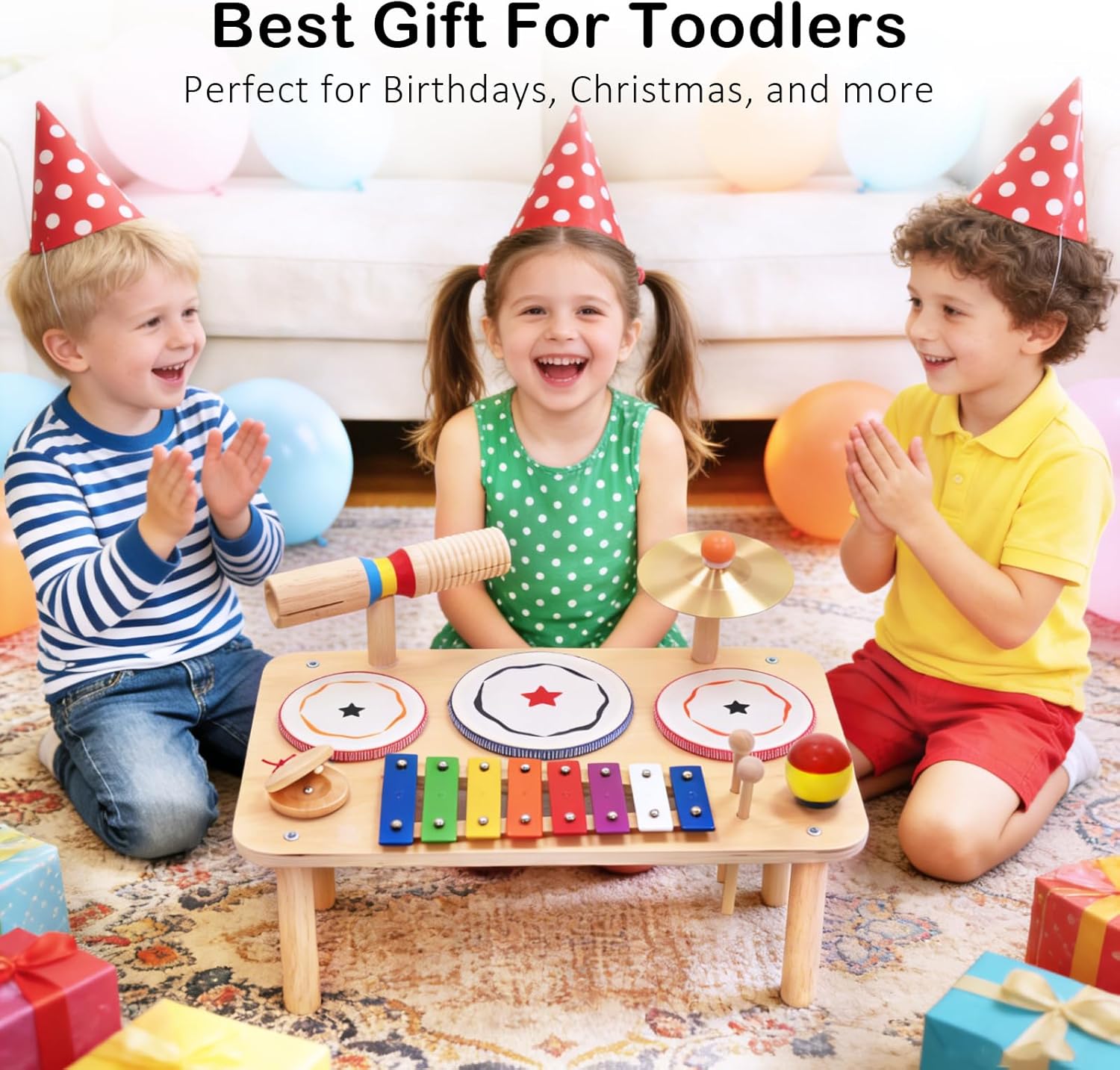 WINGYZ Baby Drum Set – 9-in-1 Wooden Musical Instruments for Toddlers 1-3 & WINGYZ Pikler Triangle Set, Montessori Foldable 8-in-1 Jungle Gym & Reversible Animal Slide for Toddlers 18month-7years