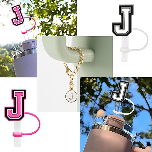 Miniatura 2 de 2 fundas de popote para copa Stanley de 30 y 40 onzas, 0.394 in con 2 dijes de letras personalizados, nombre de identificación, letra inicial,