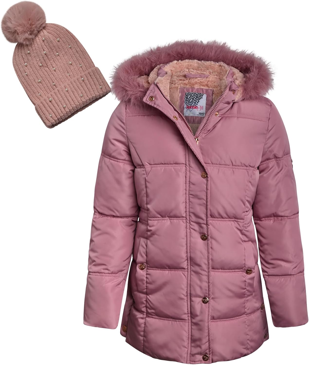 KENSIE GIRL Girls Puffer Jacket - Insulated Polar Fleece Puffer Winter Coats for Girls w/Fur Hood & Matching Snow Hat