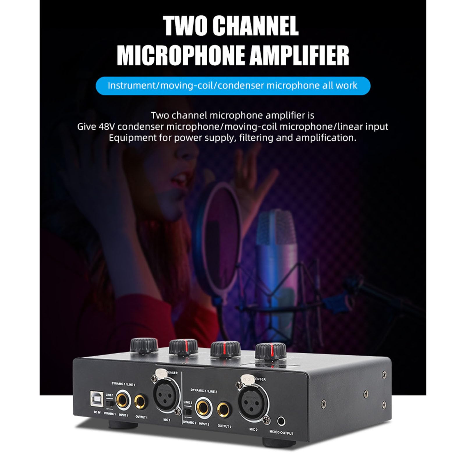 48V Power Mic Amplifier, Universal 2 Channel 48V Power Supply USB 5V DC Powered Dual Input Output for Dynamic Condenser Microphones Guitars with BT Connection Low Distortion High