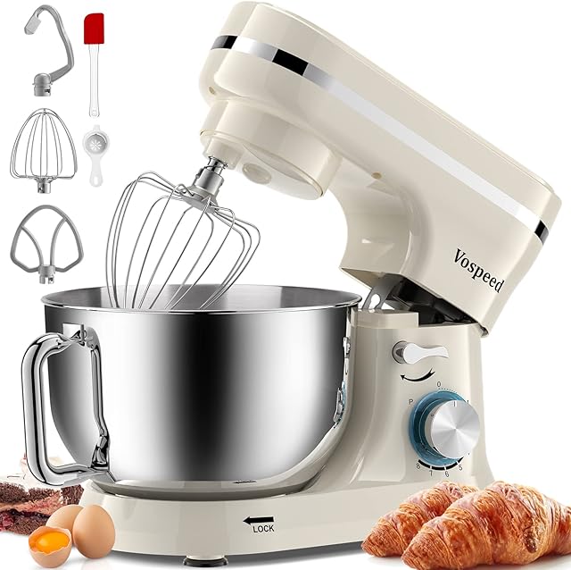 Vospeed Food Stand Mixer Dough Blender, 5 QT 1000W Electric Cake Mixer with Bowl, Beater, Hook, Whisk, Egg Separator & Silicone Spatula, Dishwasher Safe (White)