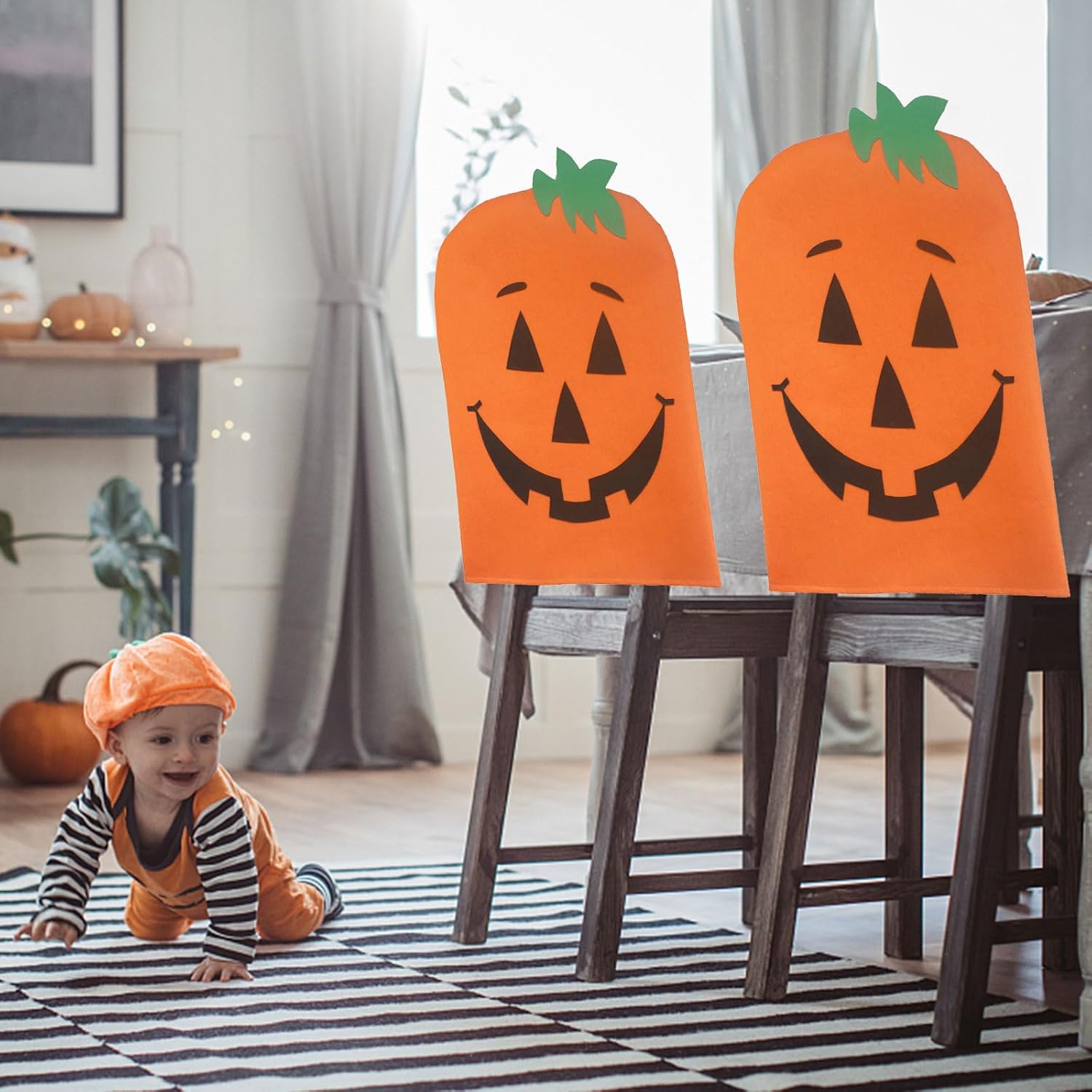 Halloween Chair Covers for Dining Room Ghost Pumpkin Chair Back Covers, Non Woven Fabric Ghost Pumpkin Seat Covers for Chairs Halloween Decorations Indoor Chair Covers Protector (6pcs pumpkin)