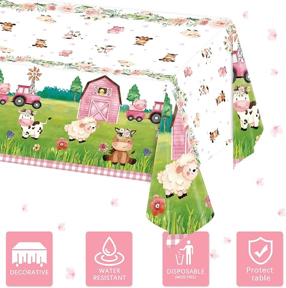 Oigco 3Pcs Farm Animal Birthday Party Tablecloth Disposable Farm House Barnyard Theme Party Supplies Covers for Birthday Decorations, 54 x 108 Inches