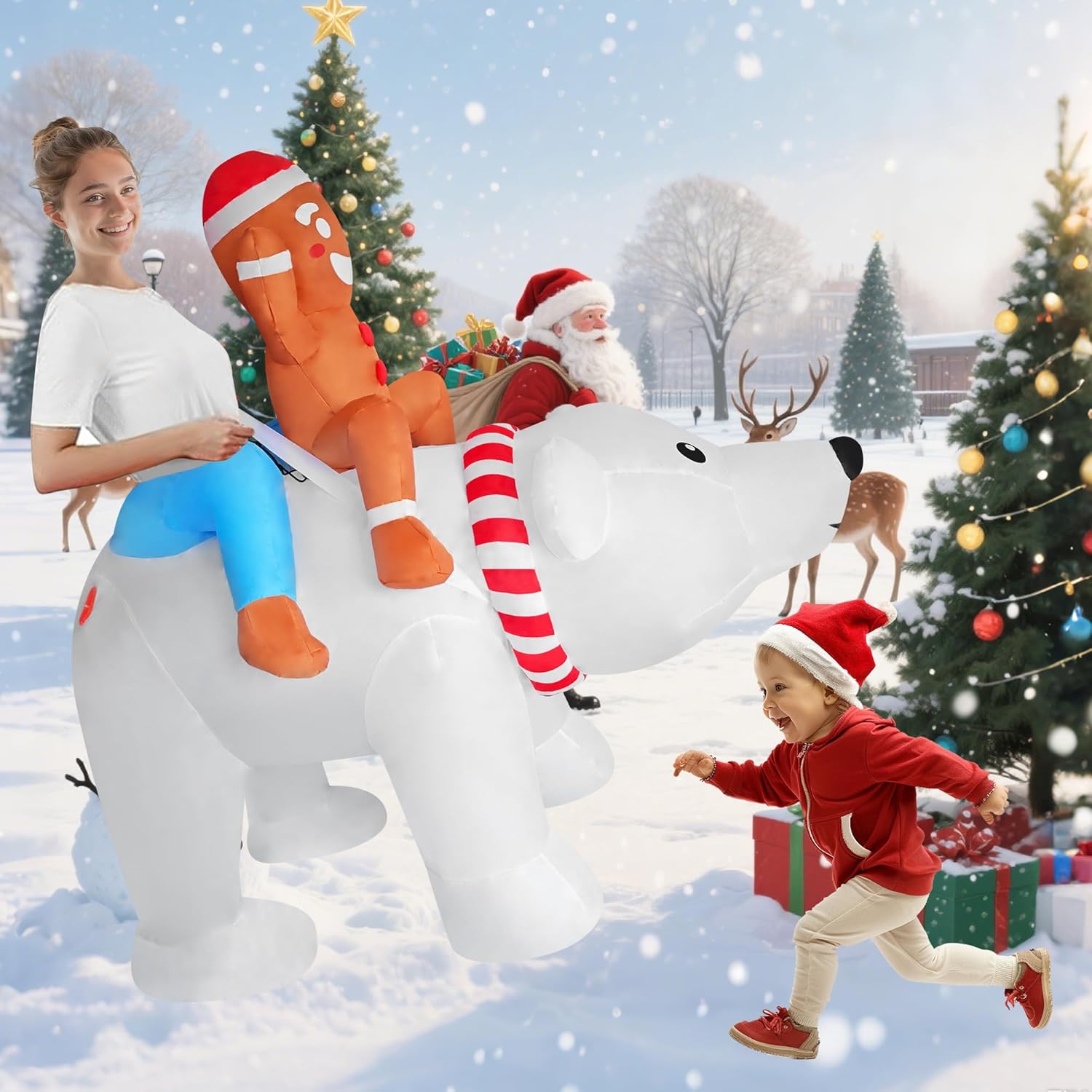 Funny Inflatable Gingerbread Man Riding On Polar Bear Costume Blow-Up Outfit for Adult/Christmas Parade/Halloween - Image 7