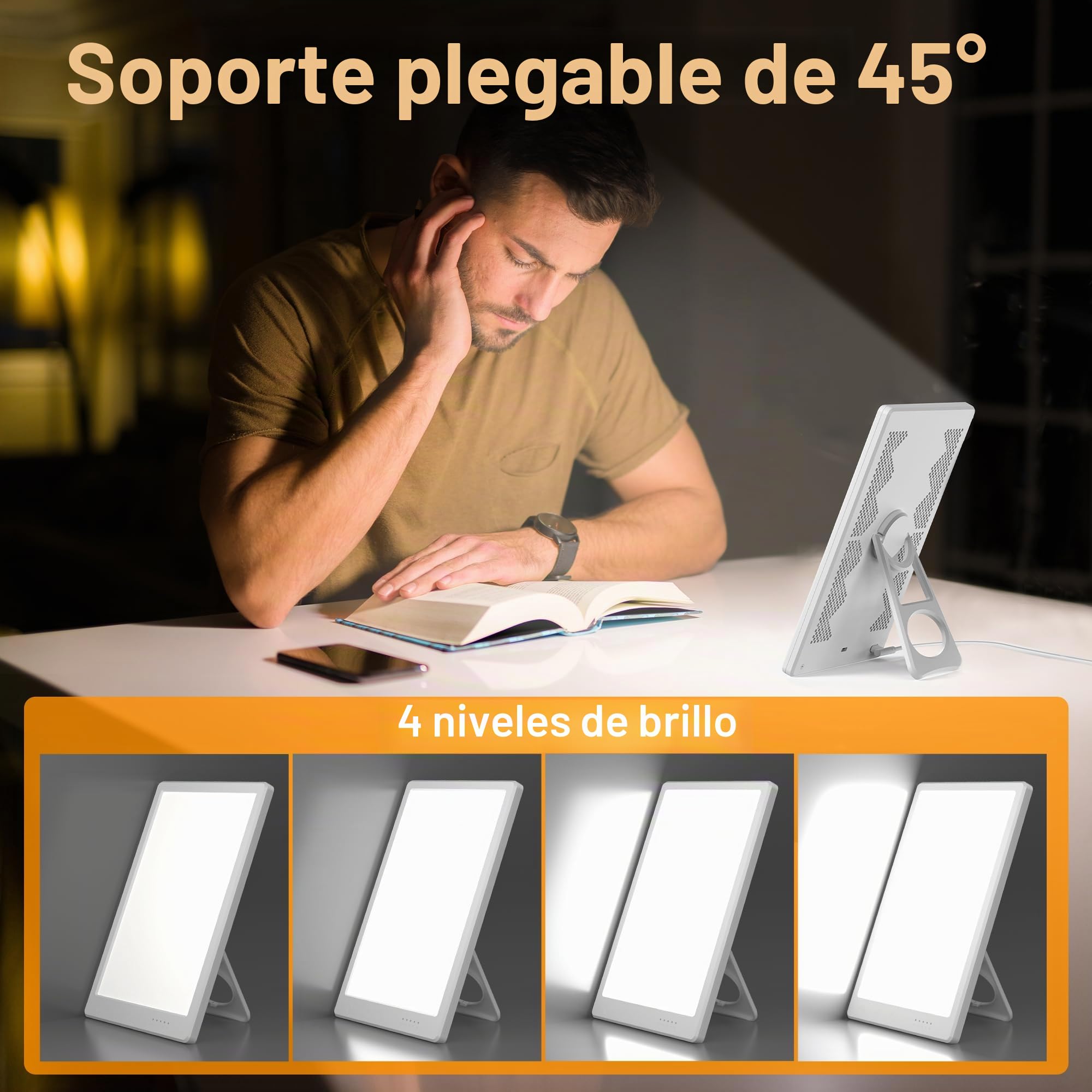 Bravmate lámpara diurna 10000 Lux, control táctil lámpara solar sin UV con 3 temperaturas de color, luz del día con soporte ajustable de 45 ° para el lugar de trabajo o el hogar