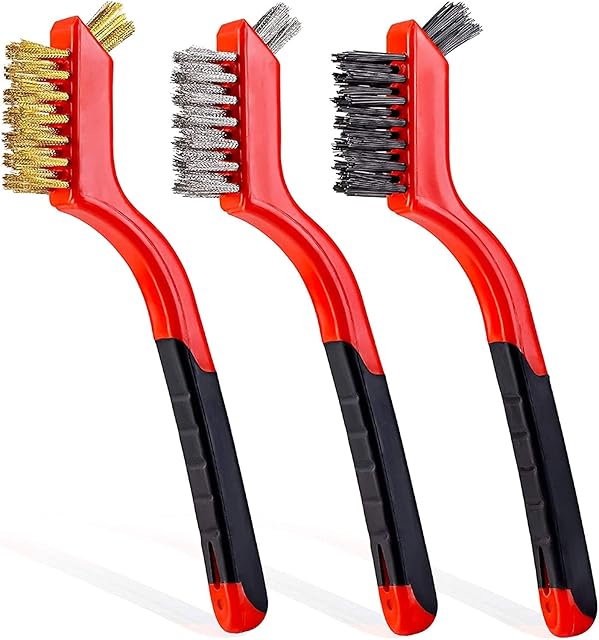 Wire Brush Set Brass, Nylon/Brass/Stainless Steel Bristles, 7 Inches Brush with Curved Handle Grip for Deep Cleaning,Rust Removal,Paint Scrubbing (3Pcs)