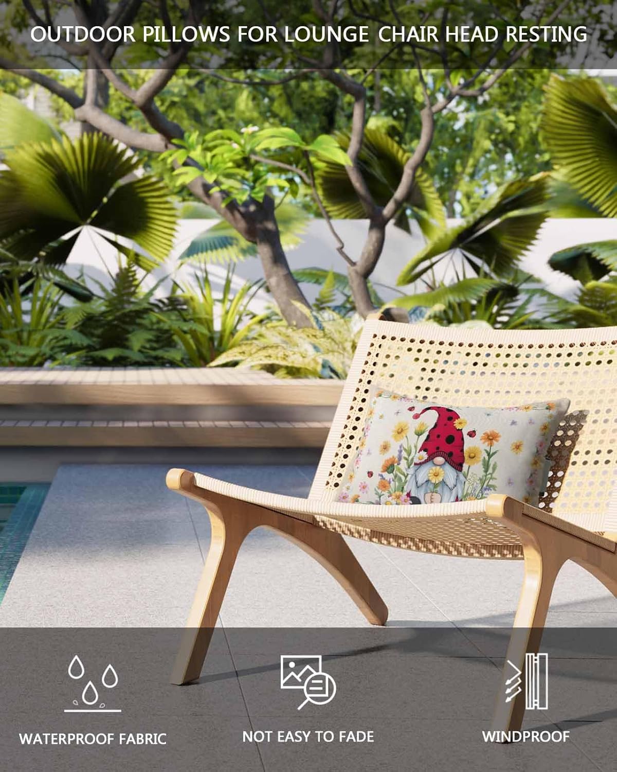 Throw Pillow Covers with Strap, Ladybug Gnome Daisy Flowers Spring Summer Vintage Farmhouse Floral Outdoor Water-resistant Throw Pillow Covers with Strap for Sofas, Cars and Seaside, 2pcs-12"X20"