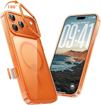 MAGIC JOHN for iPhone 17 Pro Max Case with MagSafe, Removable Camera Stand | Durable to 1098 Days, 12FT Mil-Grade Drop Shockproof, 9H+ Scratch-Resistant Back, 18N Strong Magnet Force, Crystal Orange