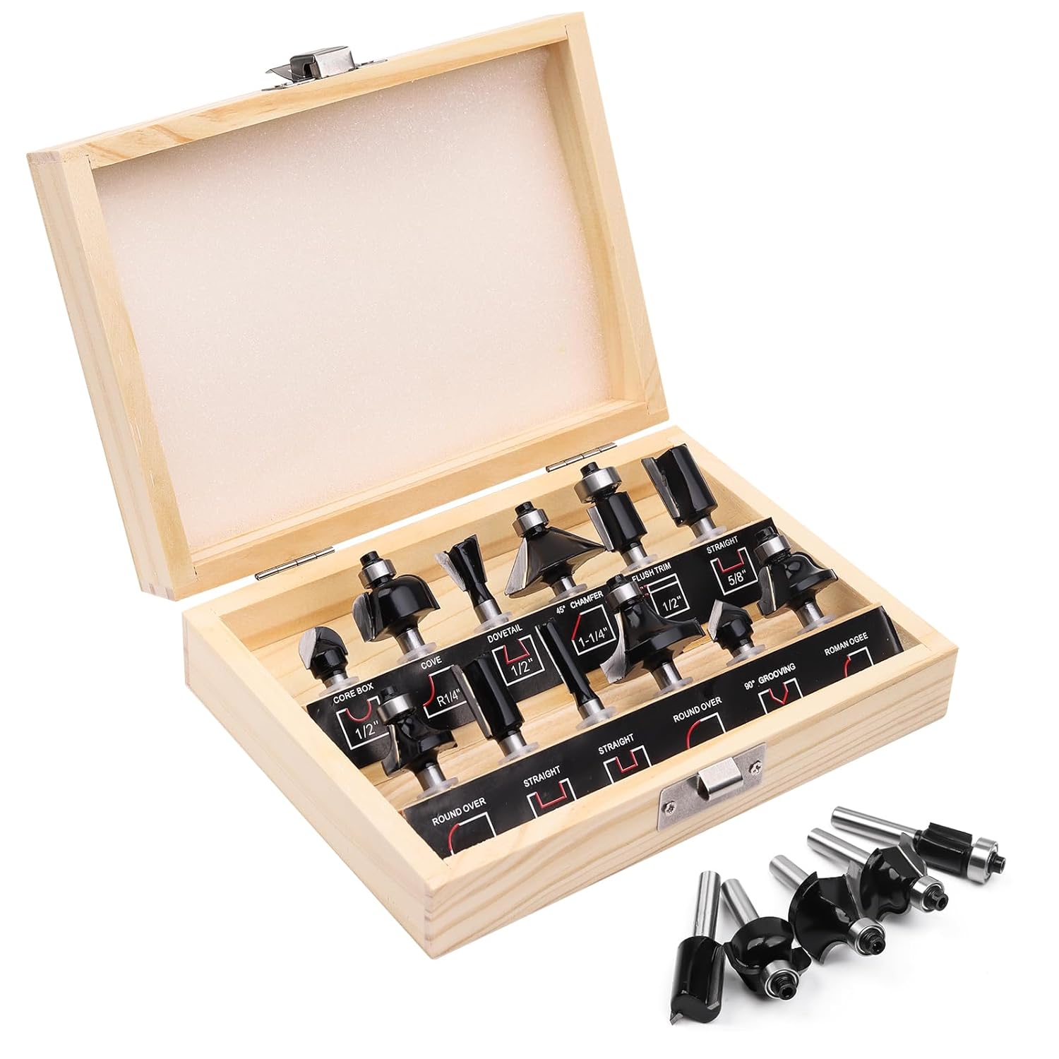 Router Bits 1/4 Inch Shank 12 Pieces, Tungsten Carbide 1/4" Router Bit Set with Wood Box, for Professional and Beginners Carpenter