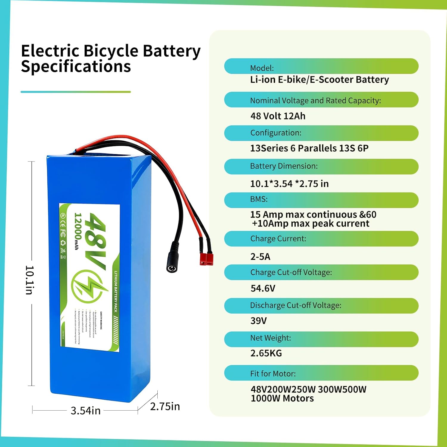 48V12Ah lithium battery, equipped with 30A battery management system and waterproof polyvinyl chloride casing, T-connector/XT60 interface, supporting 0 - 1000W motor power, suitable for DIY projects.
