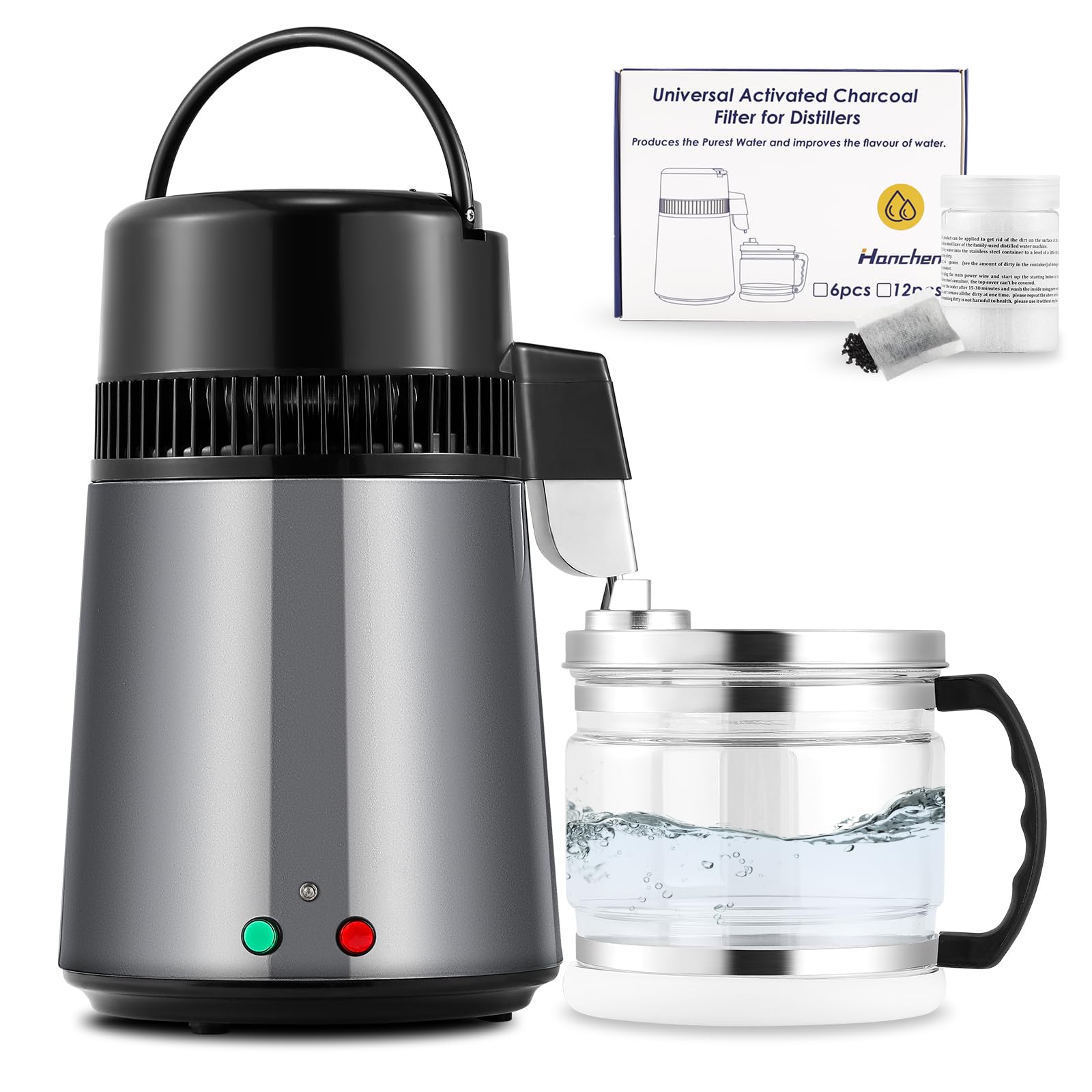 Hanchen Destilador de Agua 4L Acero Inoxidable Purificador de Agua con Jarra de Vidrio 1L/H Máquina de Agua Destilada para Hogares Laboratorios Industrias Jarra de Vidrio (Gris)