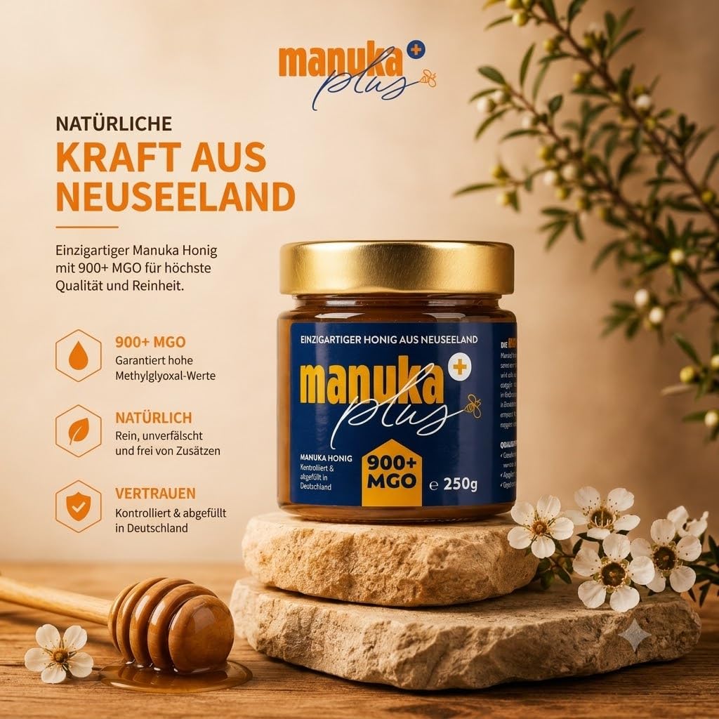 Manuka Honig 900 MGO + Roher Manuka Honig im Glas abgefüllt nach Deutscher Honigverordnung - manuka.plus Neuseeland Honig Manuka | 100% Reiner Manuka Honey | Manukahonig