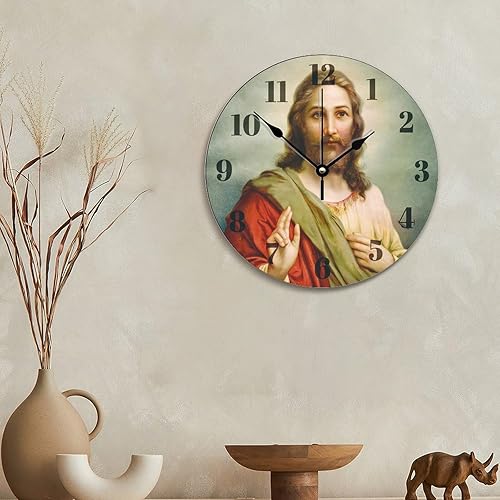 Miniatura 6 de ArogGeld Reloj de pared de Jesucristo, reloj religioso, silencioso y redondo, de madera, funciona con pilas, reloj colgante decorativo para oficina,