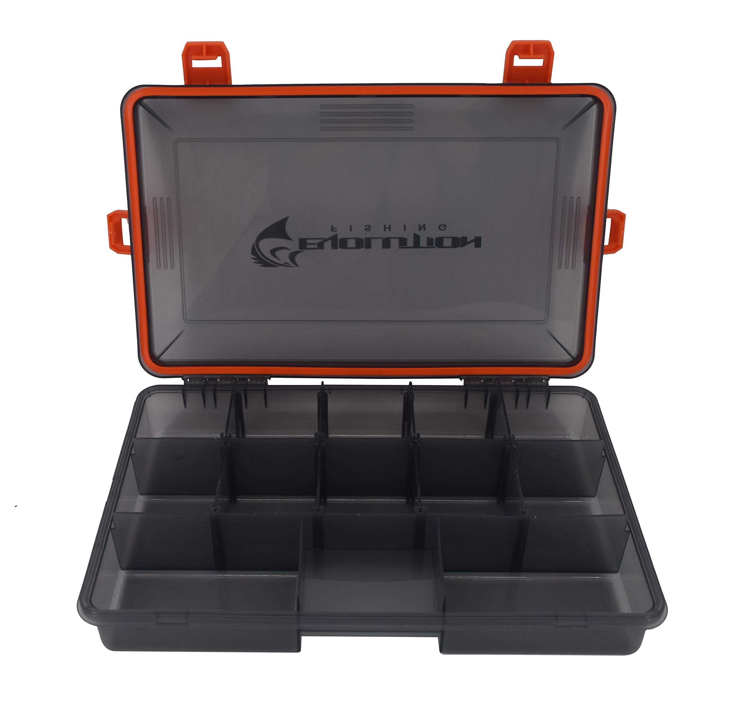 Evolution Outdoor Wodoodporna czarna przydymiona taca na sprzęt wędkarski 4 zatrzaski 3600, pomarańczowe zatrzaski z wyjmowanymi przegródkami, wyporna taca na przynętę, pudełko do przechowywania (1