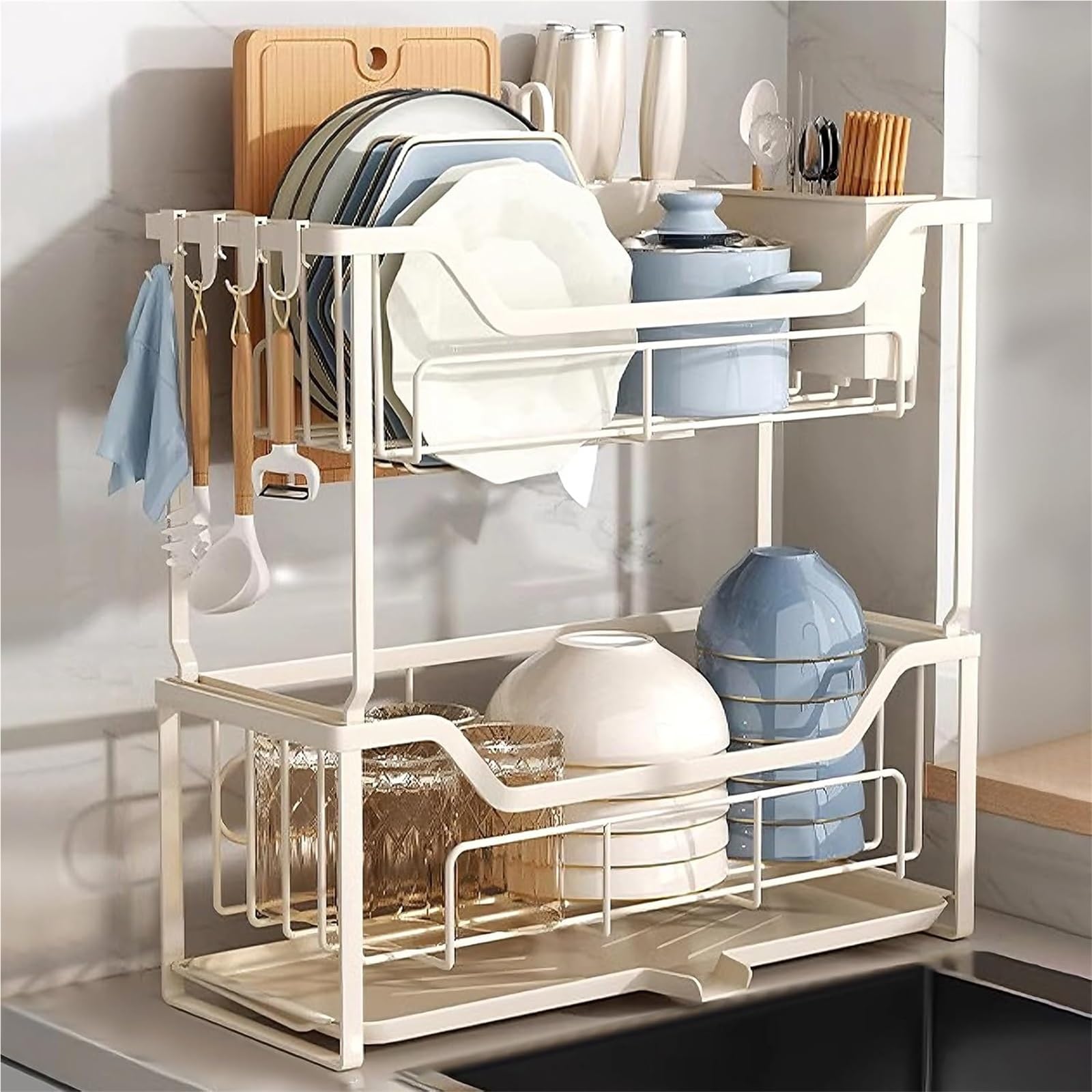WLH Alexanders Dish Rack with Drainboard Organizes Dishes and Bathroom Items for Narrow Spaces Two-Story Drying Rack Fits dish rack(Wei�)