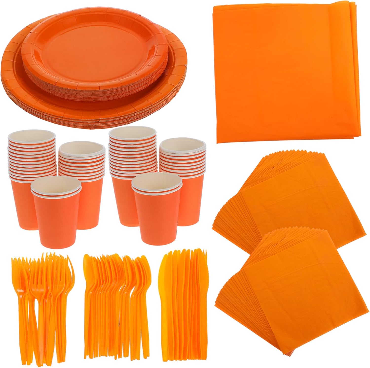 PRETYZOOM Orange Party Supplies Set Paper Plates Cups Napkins Forks Spoons Knives and Tablecloth for Birthday Celebrations Gatherings and Events