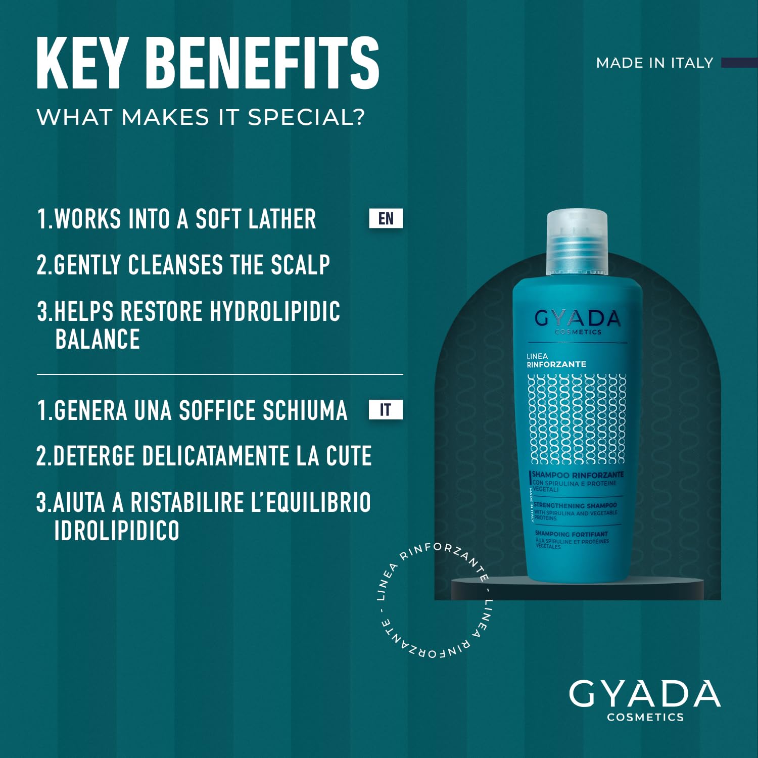 GYADA COSMETICS, Shampooing fortifiant à la spiruline, pour cheveux cassants et clairsemés, à l’action restructurante, stimule la repousse des cheveux, à l’avoine et au ginseng, 250 ml