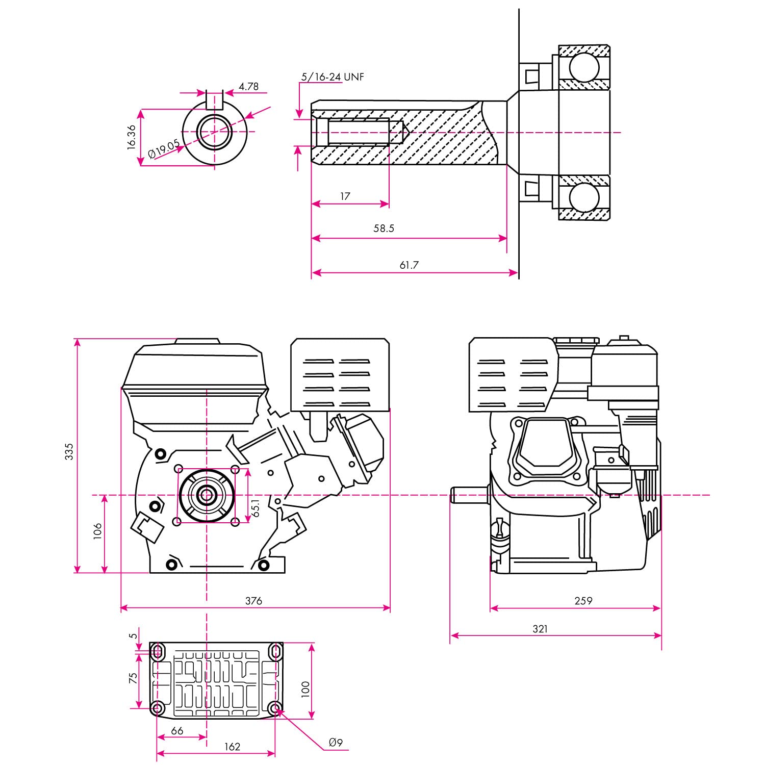 EBERTH 6,5 CV Moteur thermique à essence Moteur de kart avec arbre de 19,05 mm Ø, sécurité contre manque d'huile, 4 temps, 1 cylindre, 196 ccm cylindrée, refroidissement air, démarrage câble