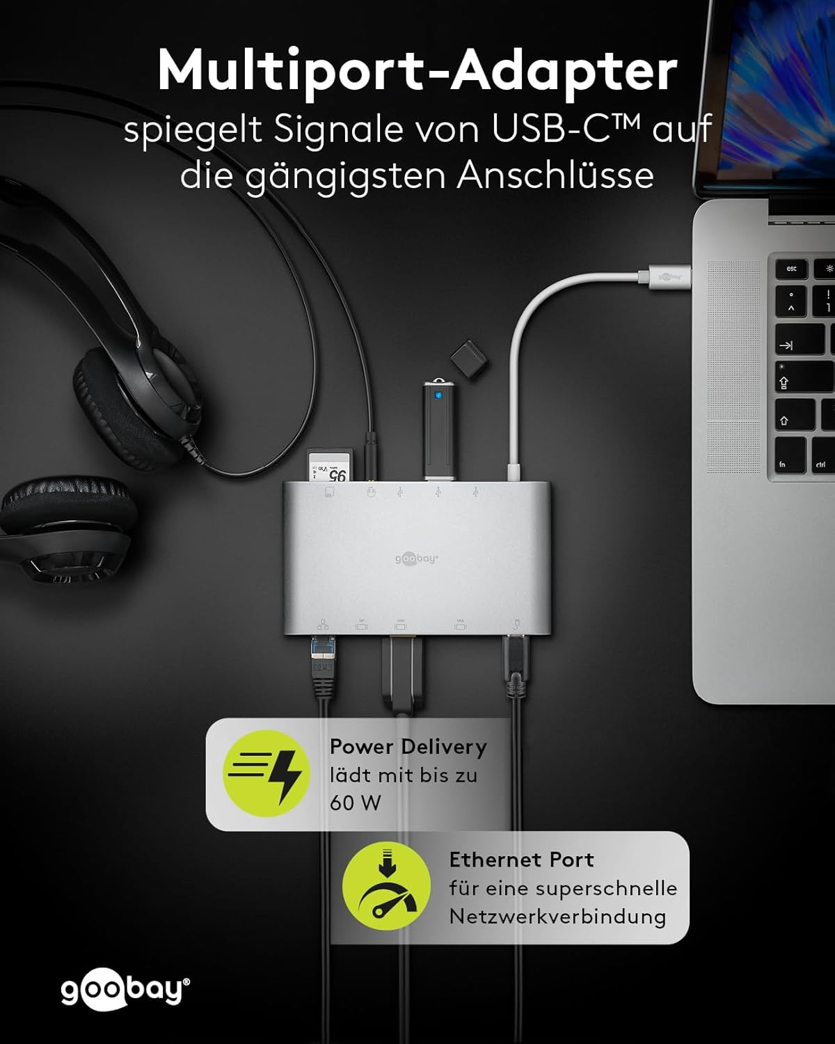 62113 USB-C Multiport Adapter All in 1 Aluminium, Silver, Extends a USB-C Device by One Ethernet, One HDMI, One VGA, One Mini DisplayPort, 3 USB-A 3.0 Ports