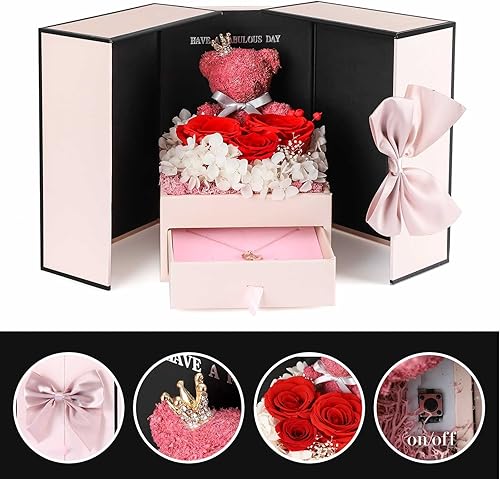 Miniatura 93 de ADDWel Rose Gifts for Women - Preserved Real Roses Forever Purple Flowers with I Love You in 100 Languages Necklace and Cute Moss Bear for