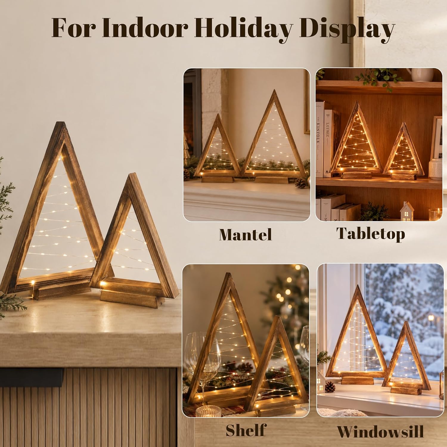 Wooden Christmas Tree with Lights-2 Pack Tabletop Decor