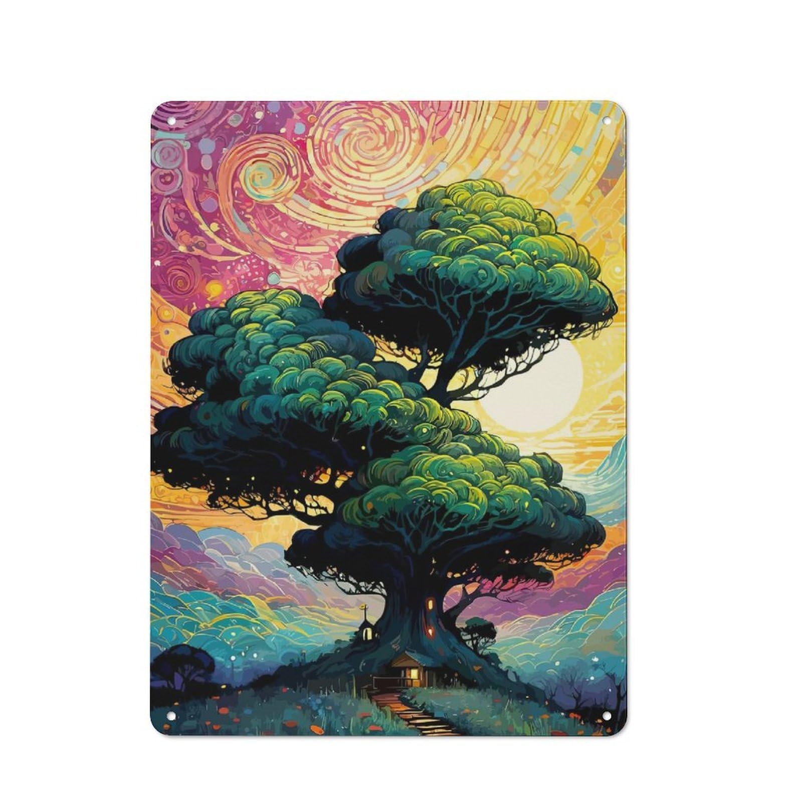 Junmoney Dreamy Treehouse Landscape Metal Sign 40X30cm With For Pub Or Café, Retro Decor, For Cooler-Month Interiors With Retro Character