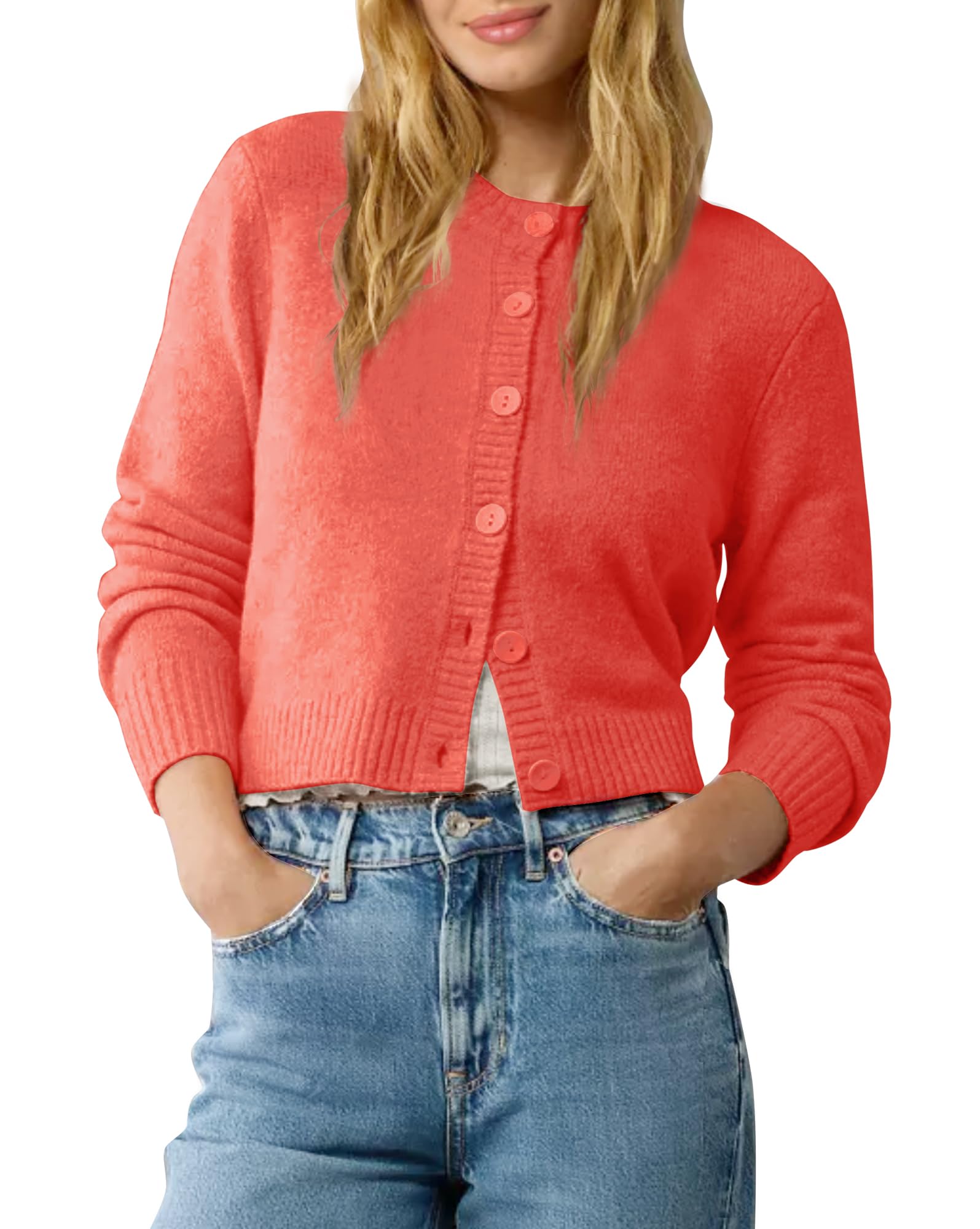 Urban CoCo Women's Crew Neck Cropped Cardigan Sweaters Long Sleeve Open Front Button Down Shrug Sweater Jackets